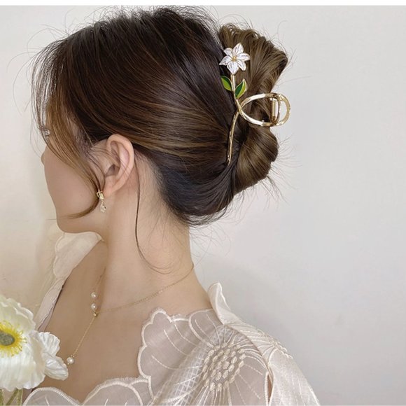 NEW Gold Metal White Lily Green Leaves Hair Claw - Picture 8 of 10